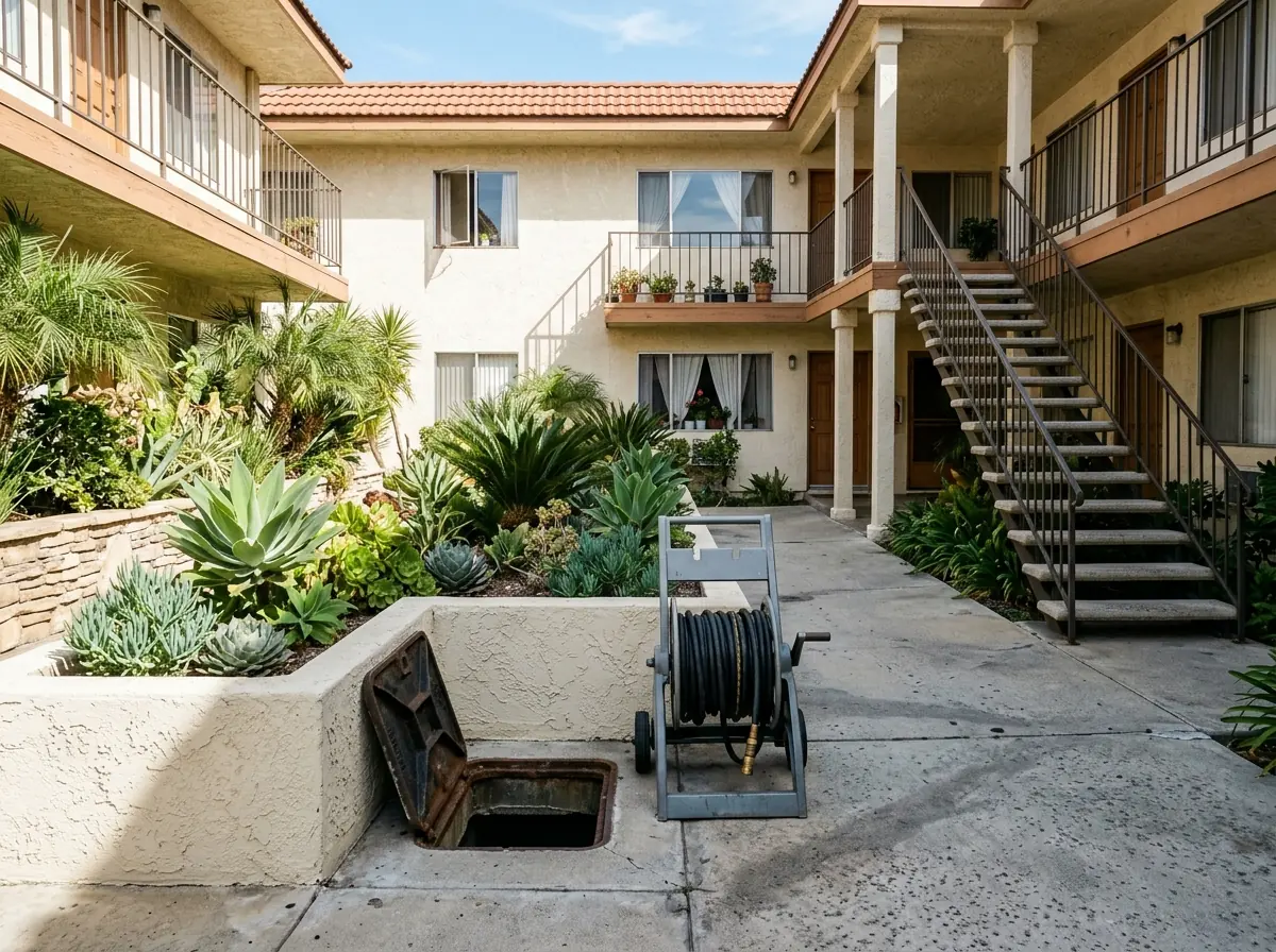 Courtyard of a two-story garden apartment building with a concrete walkway, an open sewer cleanout beside a planter and a gray jetter hose reel next to it