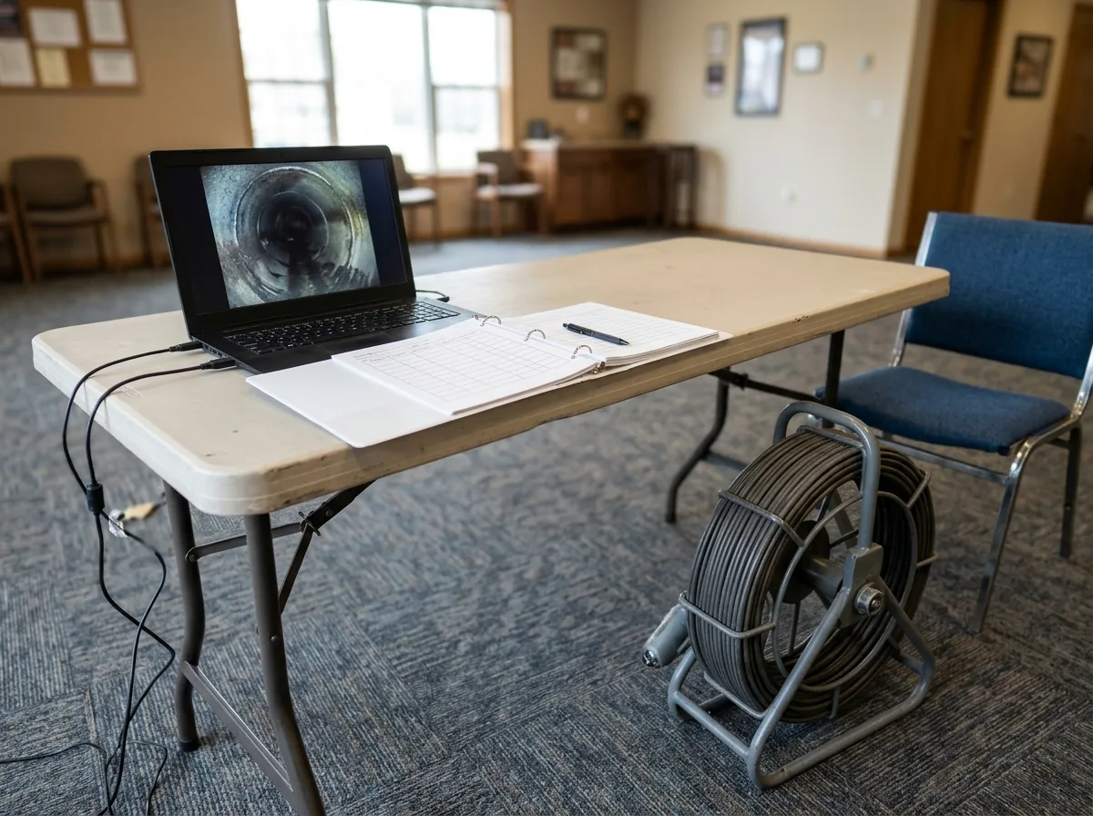 Folding table in an apartment community room with a laptop showing a sewer pipe camera image, a binder of printed reports and a gray camera reel on the floor