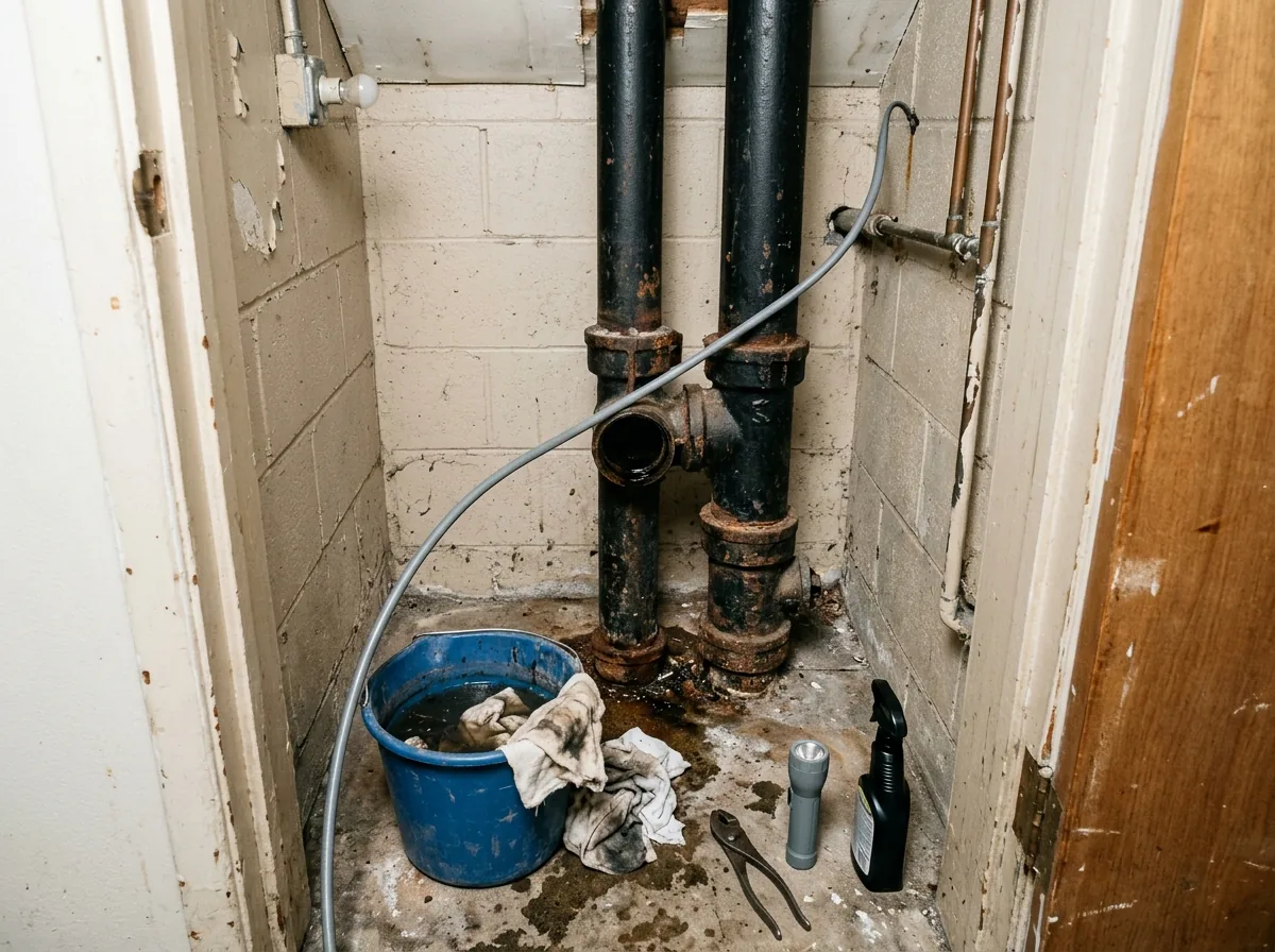 Garden apartment building laundry and utility closet with a cast iron kitchen drain stack, its cleanout plug removed and a gray jetter hose fed into it