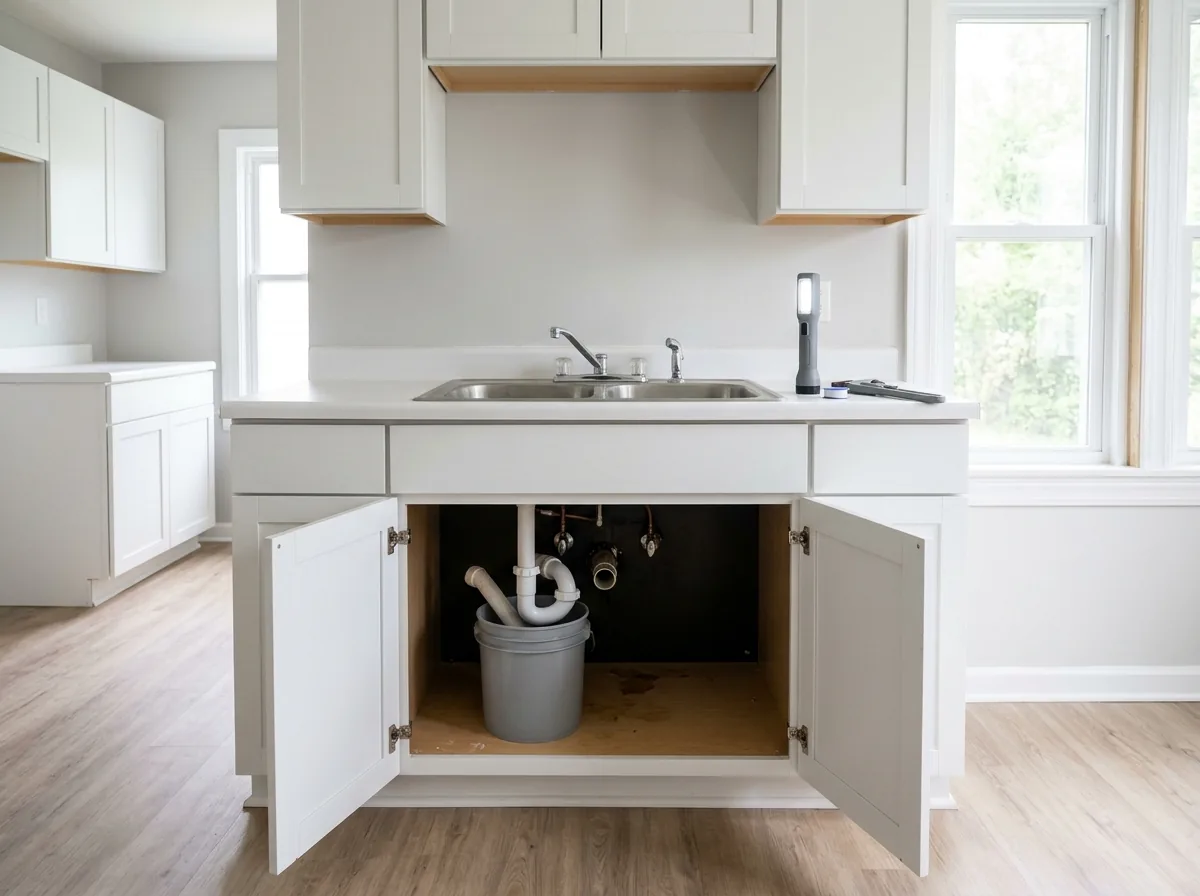 Empty apartment kitchen between tenants with the sink cabinet doors open, the P-trap off and sitting in a pail, a flashlight on the counter