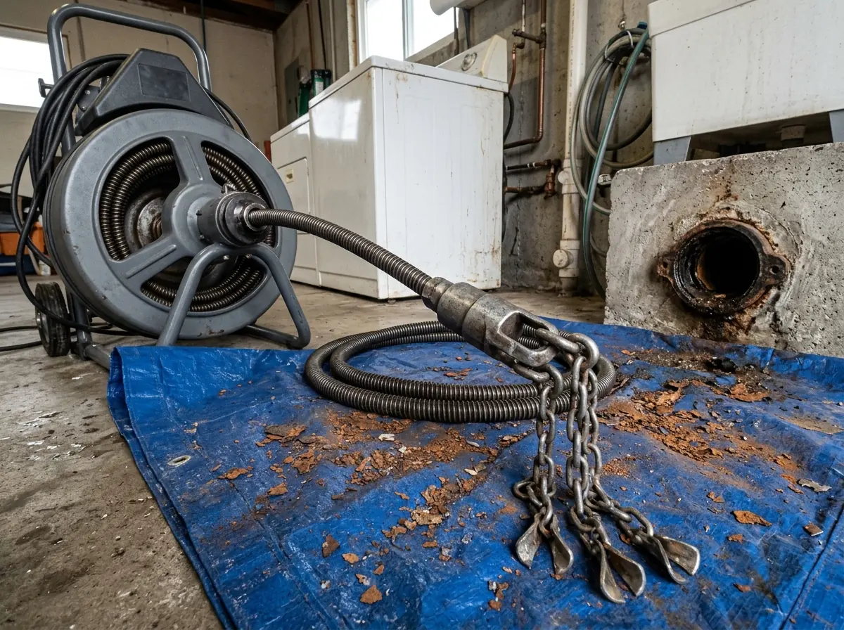 Gray chain knocker head with flared steel chains on the end of a drain cable, resting beside an open cast iron cleanout in a garage, scale flakes on a tarp