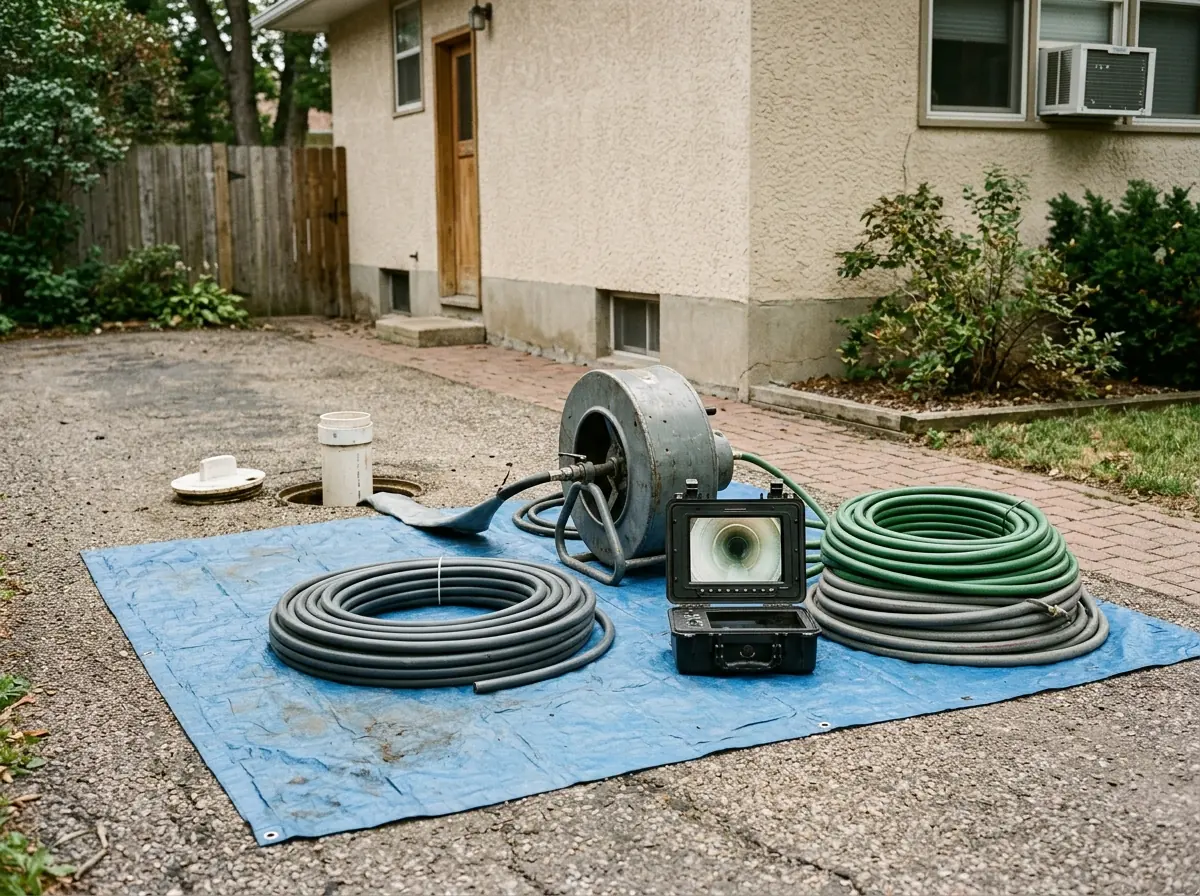 Clean, descaled cast iron sewer pipe seen through an open cleanout with a rolled liner tube and gray inversion equipment staged nearby on a driveway