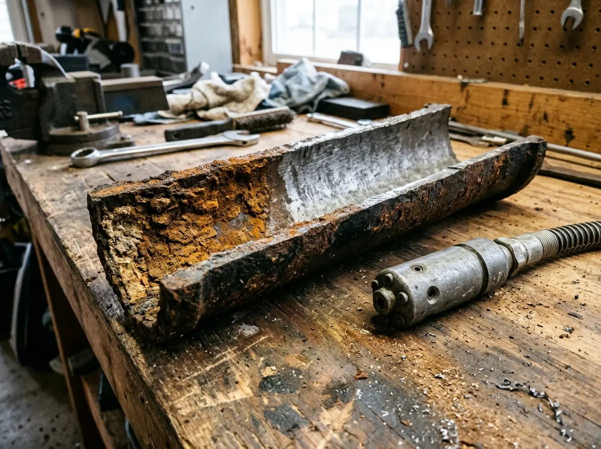 Cut-open length of corroded cast iron pipe on a shop bench next to a gray rotating jetter nozzle, half the interior cleaned to bare metal