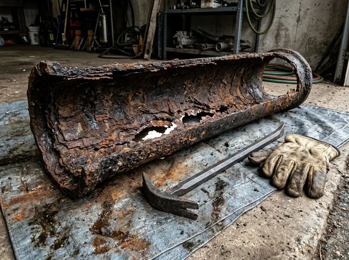 Section of corroded cast iron drain pipe cut open on a tarp, its bottom eaten through along a narrow channel and the walls flaking