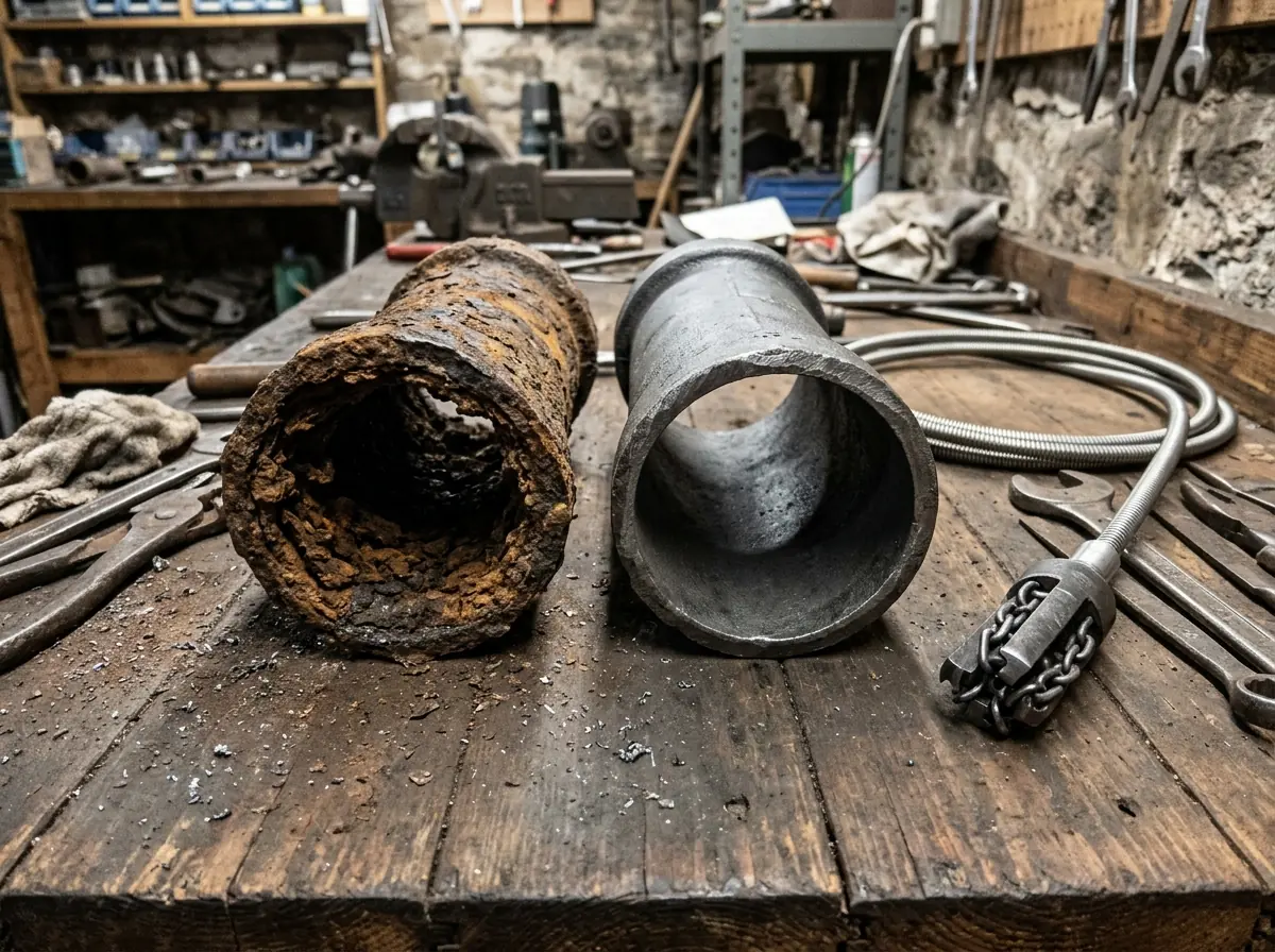 Two lengths of old cast iron drain pipe on a workbench, one crusted inside with rust scale and one cleaned to smooth metal, beside a chain descaling head