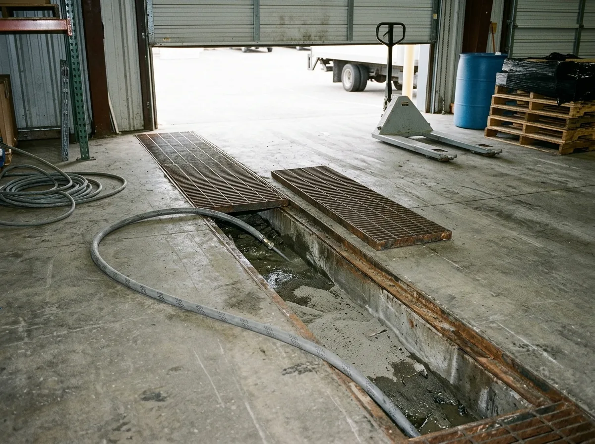 Long steel-grated trench drain across a concrete loading dock floor beside a roll-up door, the grate lifted and gray grit visible in the channel
