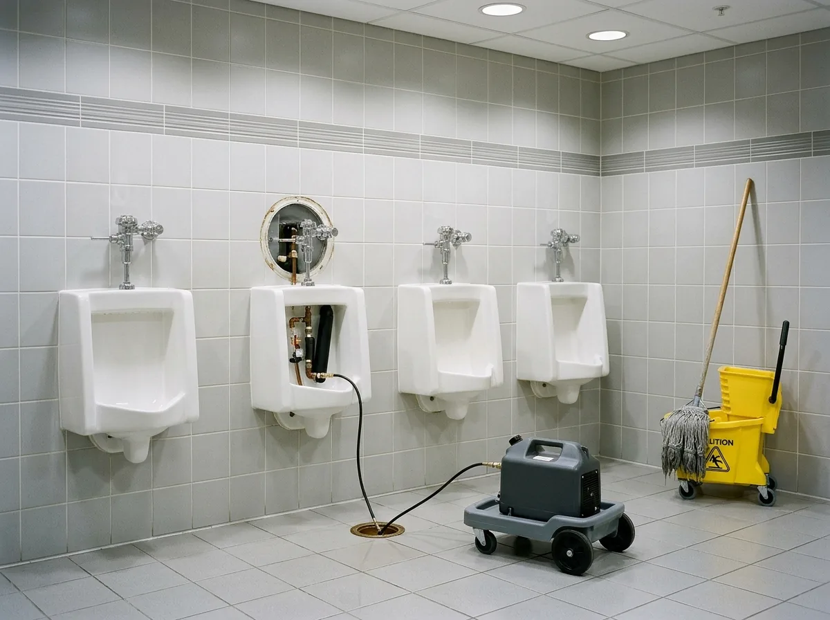 Row of white wall-hung urinals in a commercial restroom with gray tile, one flush valve removed and a small drain jetter hose fed into the floor-level cleanout