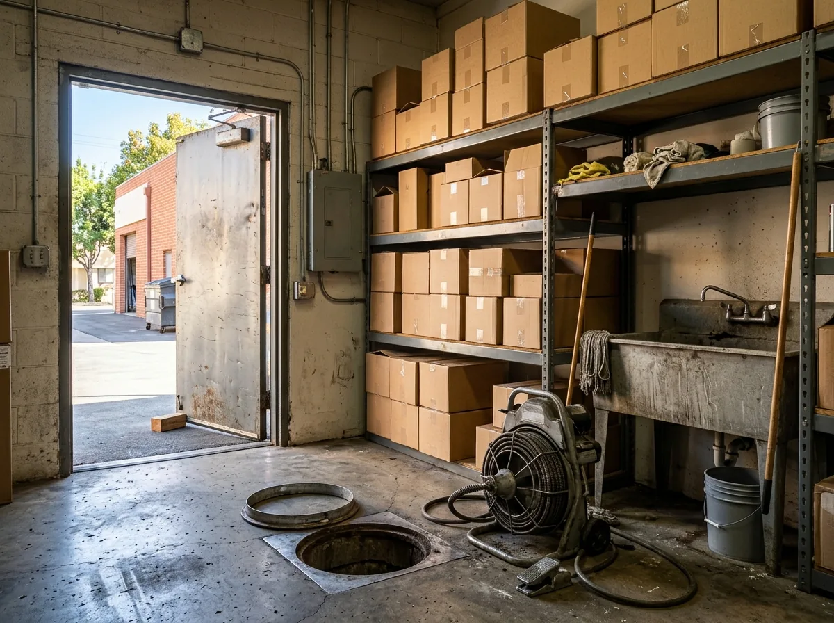 Back room of a strip-center shop with stacked boxes, a mop sink and an open floor cleanout with a coiled gray drain cable beside it