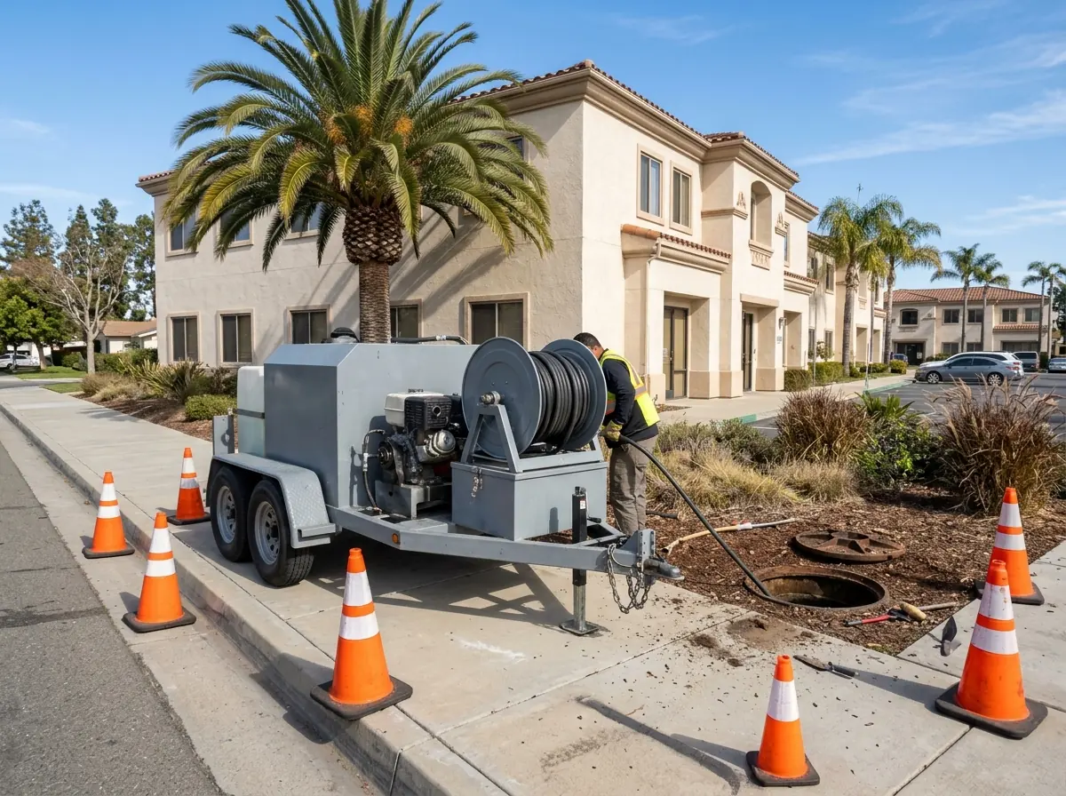 Trailer-mounted gray drain jetter parked beside a commercial building with its hose reel feeding into an open cleanout on the sidewalk