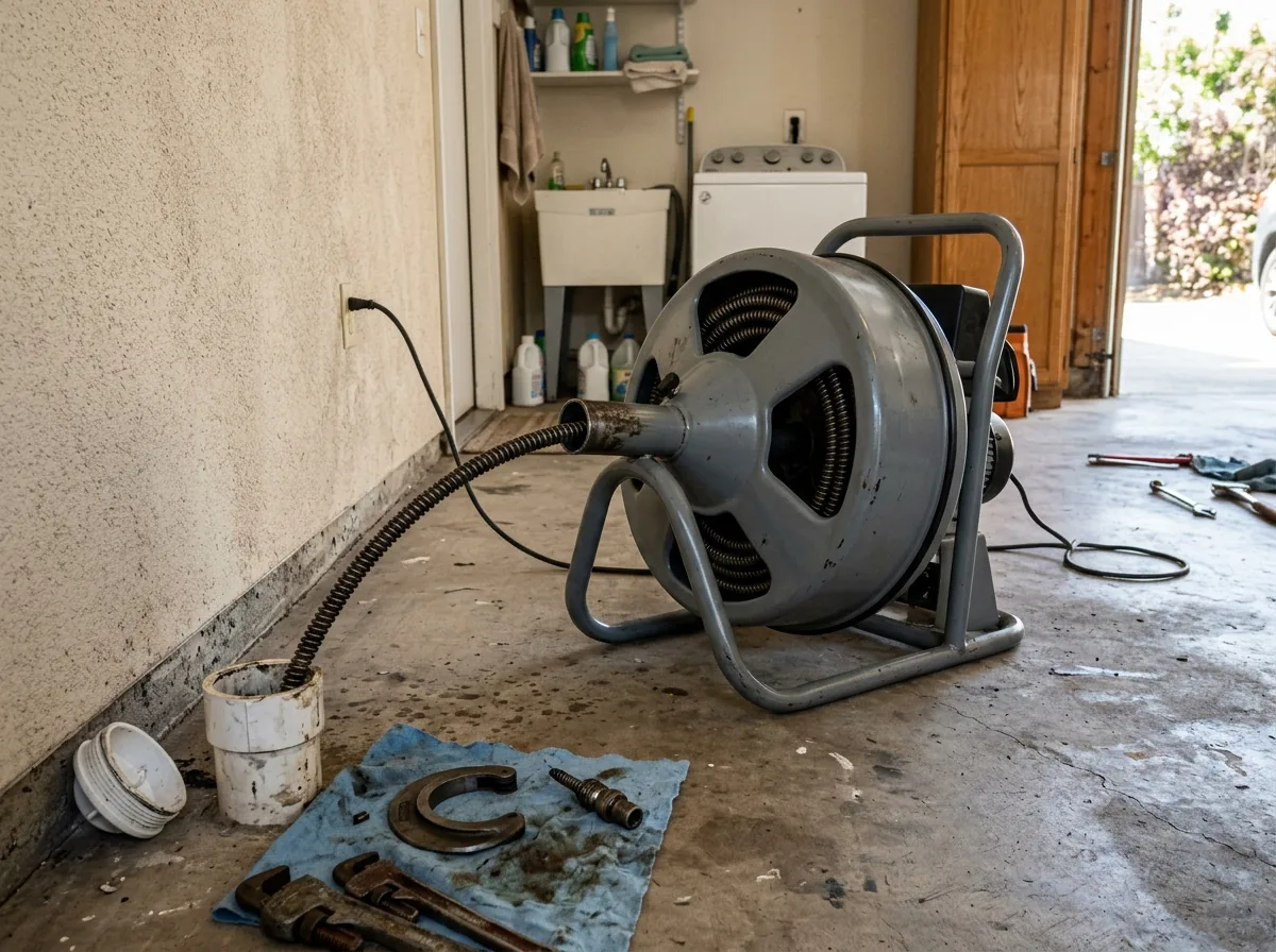 Gray drum-style drain machine on a garage floor beside an open outside cleanout, its heavy cable running into the pipe with a cutter head on a rag nearby