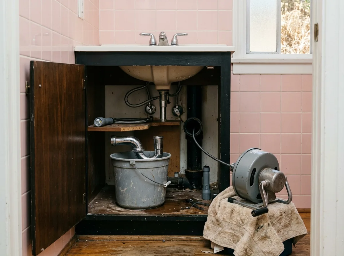 Open bathroom vanity cabinet with the P-trap off and sitting in a bucket, a thin gray drain cable fed into the wall pipe from a small drain machine on a towel