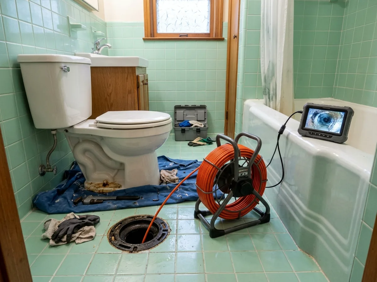Small gray push camera reel next to a pulled toilet on a bathroom floor, the cable fed into the open flange and a handheld monitor resting on the tub edge