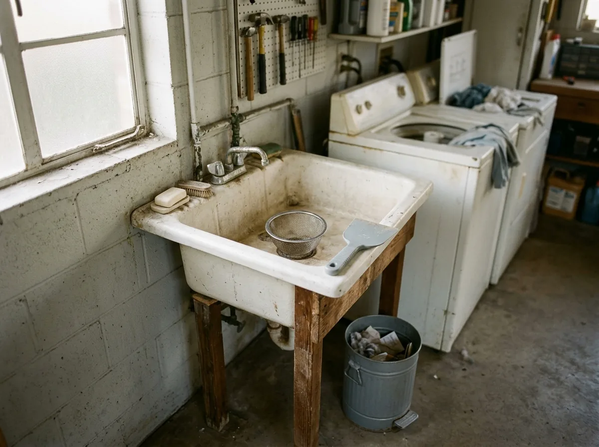 Utility sink in a garage laundry corner with a hair catcher in the drain and a plate scraper and trash can beside it