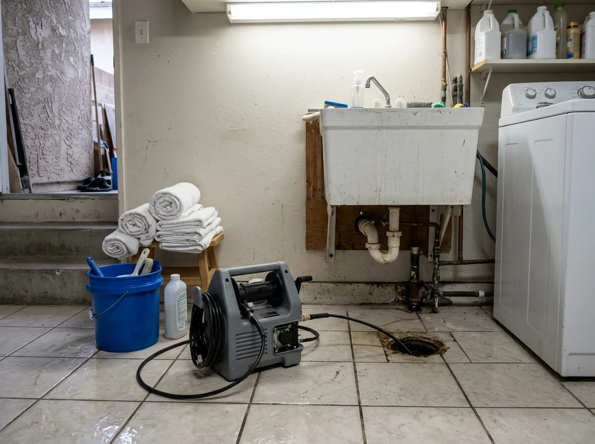 Portable gray water jetter on a tiled laundry room floor with a thin hose running into an open drain line under a utility sink