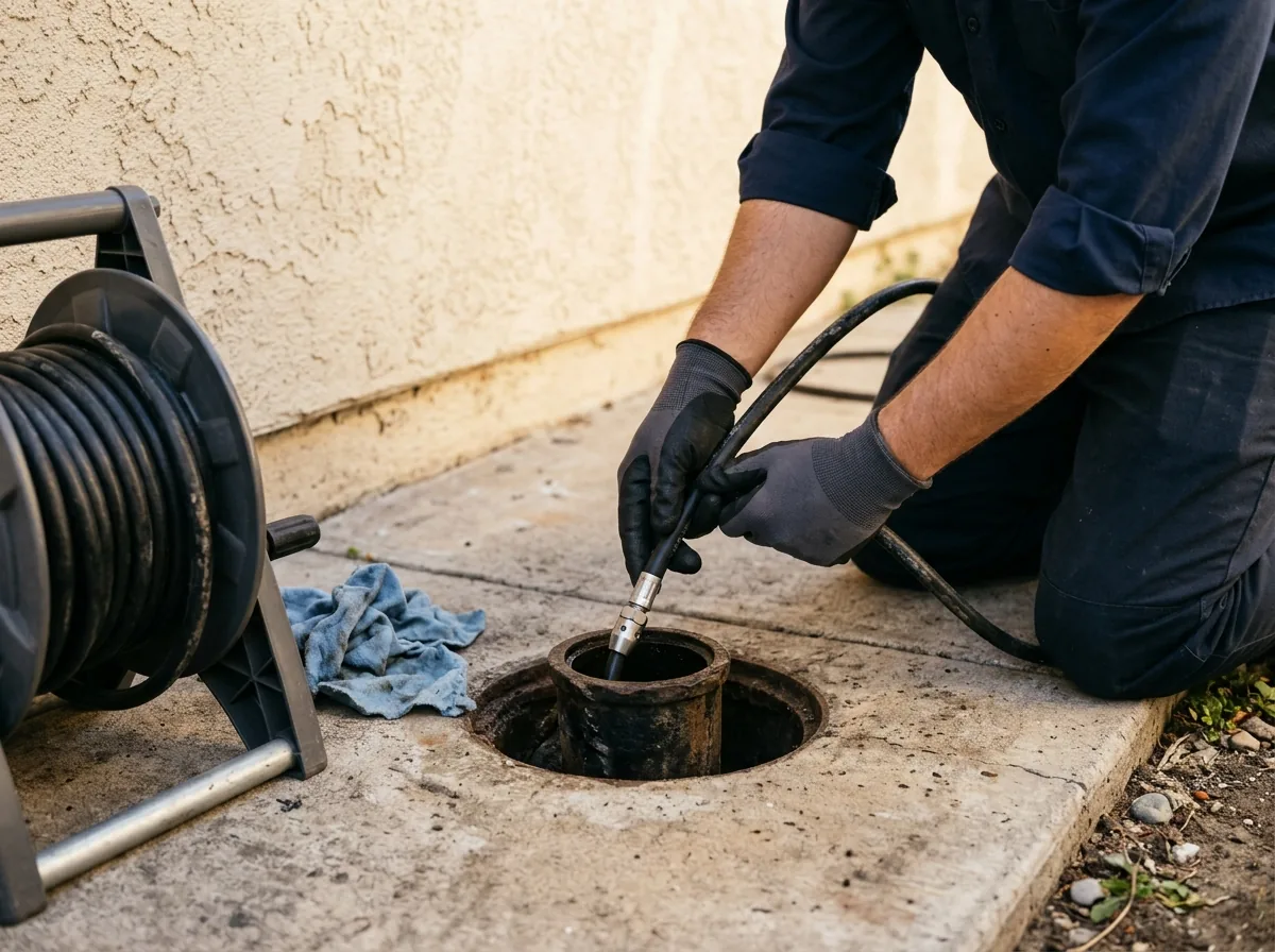 Gloved hands feeding a high-pressure jetting hose with a steel nozzle into a sewer cleanout in a concrete walkway