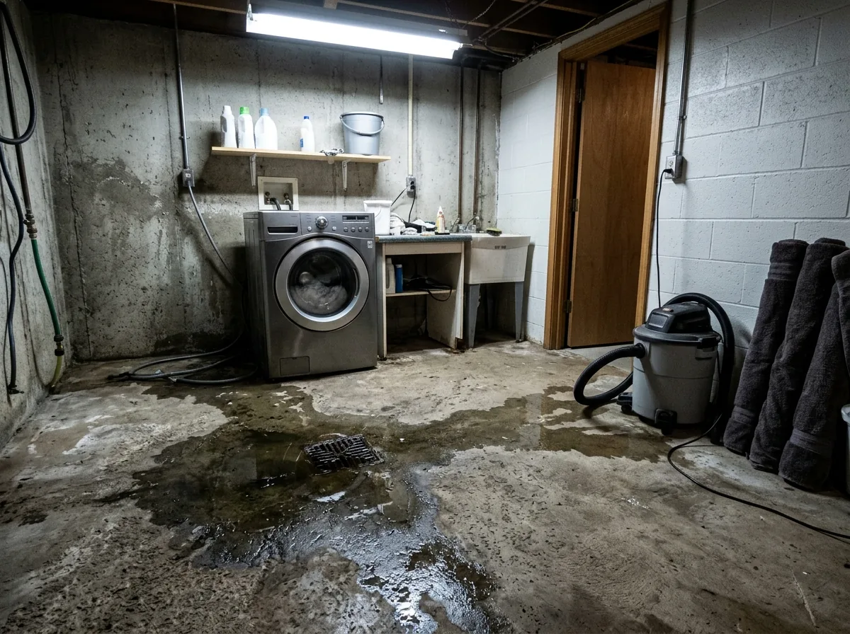 Laundry room floor drain surrounded by murky pooled water on concrete, a wet vacuum and rolled towels by the doorway
