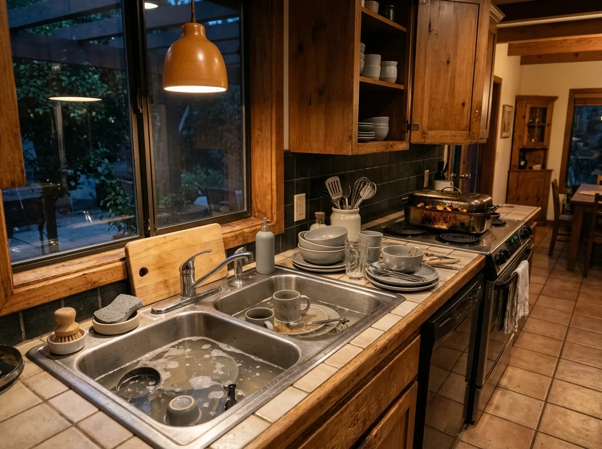 Kitchen sink full of standing gray water, dirty dishes stacked on the counter beside it and a roasting pan on the stove
