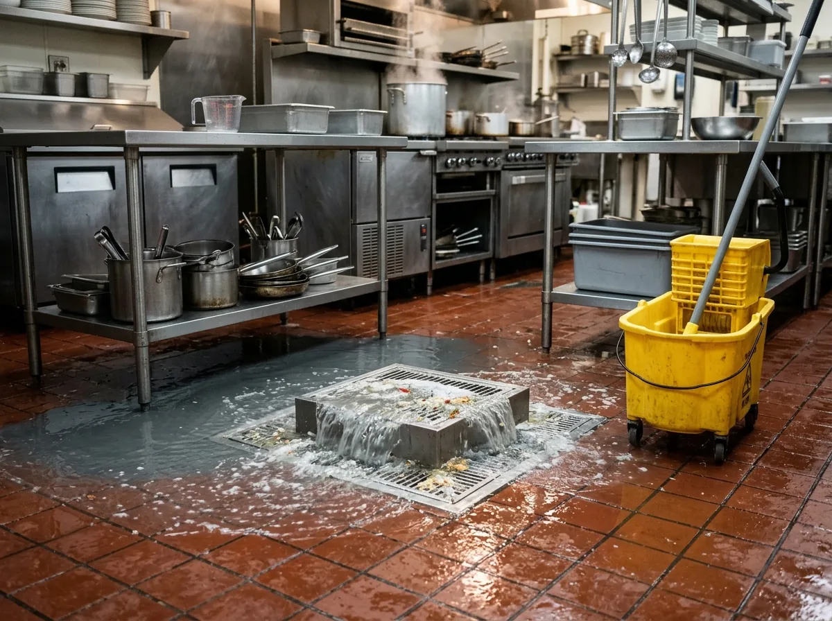 Commercial kitchen floor sink overflowing onto red quarry tile during service, stainless prep tables and a mop bucket nearby