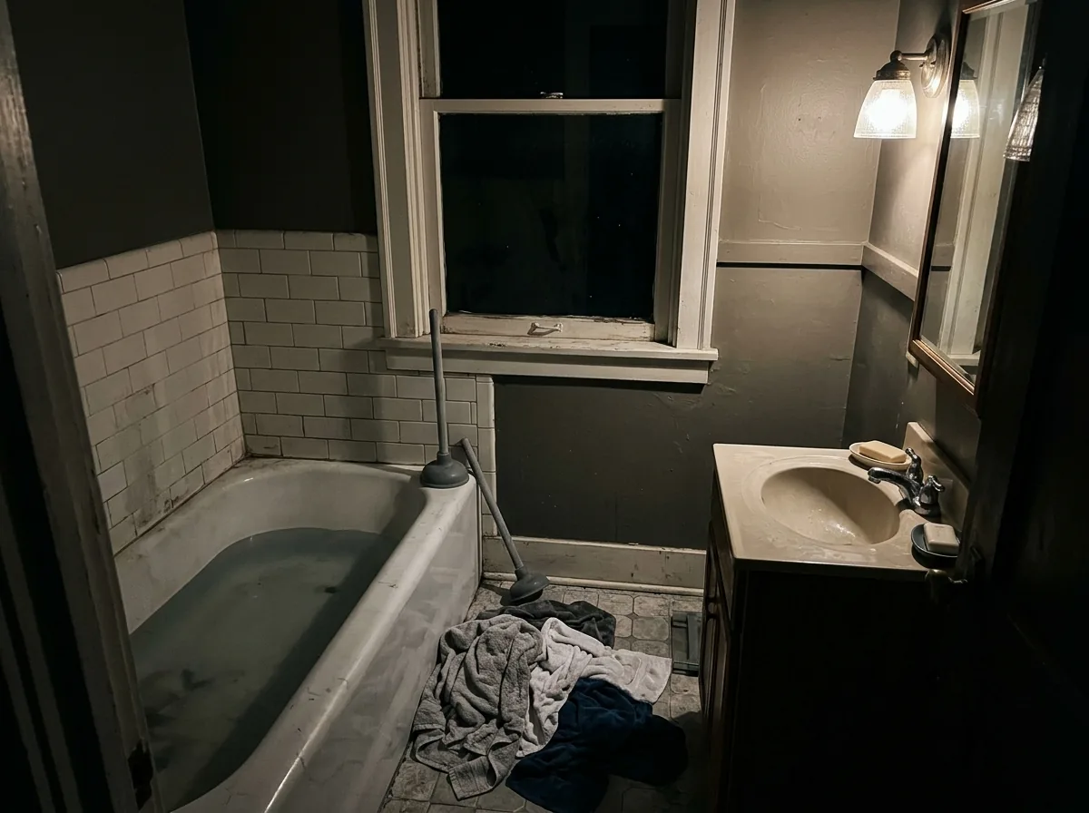 Small bathroom at night lit by one vanity light, a bathtub with gray water standing in it and towels piled on the tile floor