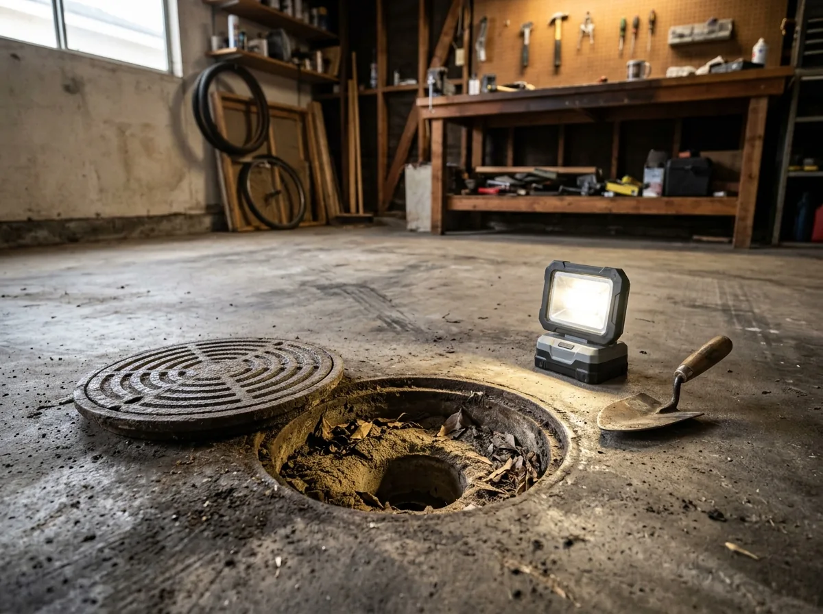 Round metal floor drain grate lifted off a garage concrete floor, sand and leaves packed in the trap below and a work light beside it