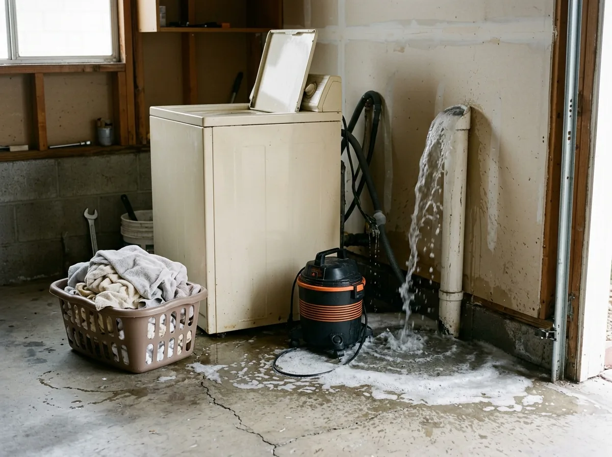 Washing machine pulled out from a garage wall, the vertical standpipe behind it brimming over with soapy gray water onto the concrete
