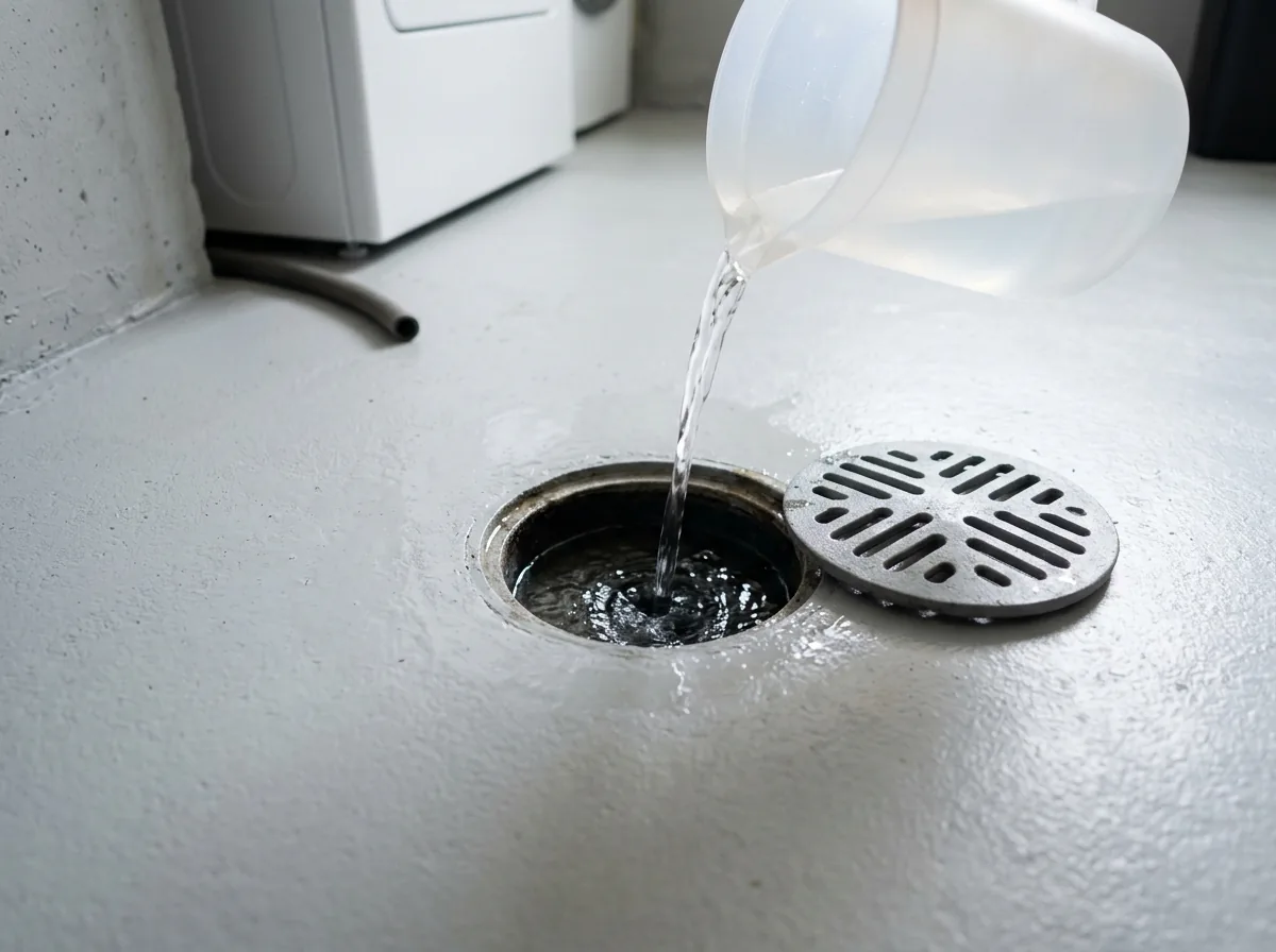 Concrete floor drain in a laundry area with its cover off, clear water pouring into the trap from a plastic jug