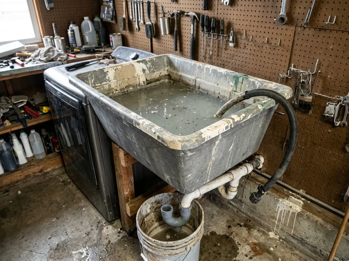 Deep plastic utility tub in a garage laundry corner, cloudy water standing in the basin and the trap below unscrewed into a bucket