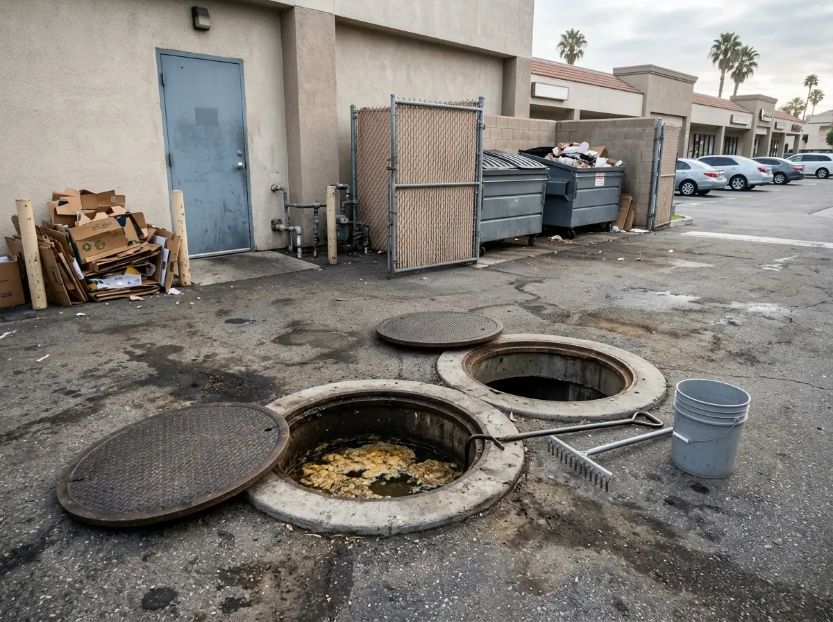 Two round steel manhole lids open in the asphalt behind a strip center restaurant, showing the concrete chambers of a buried grease interceptor