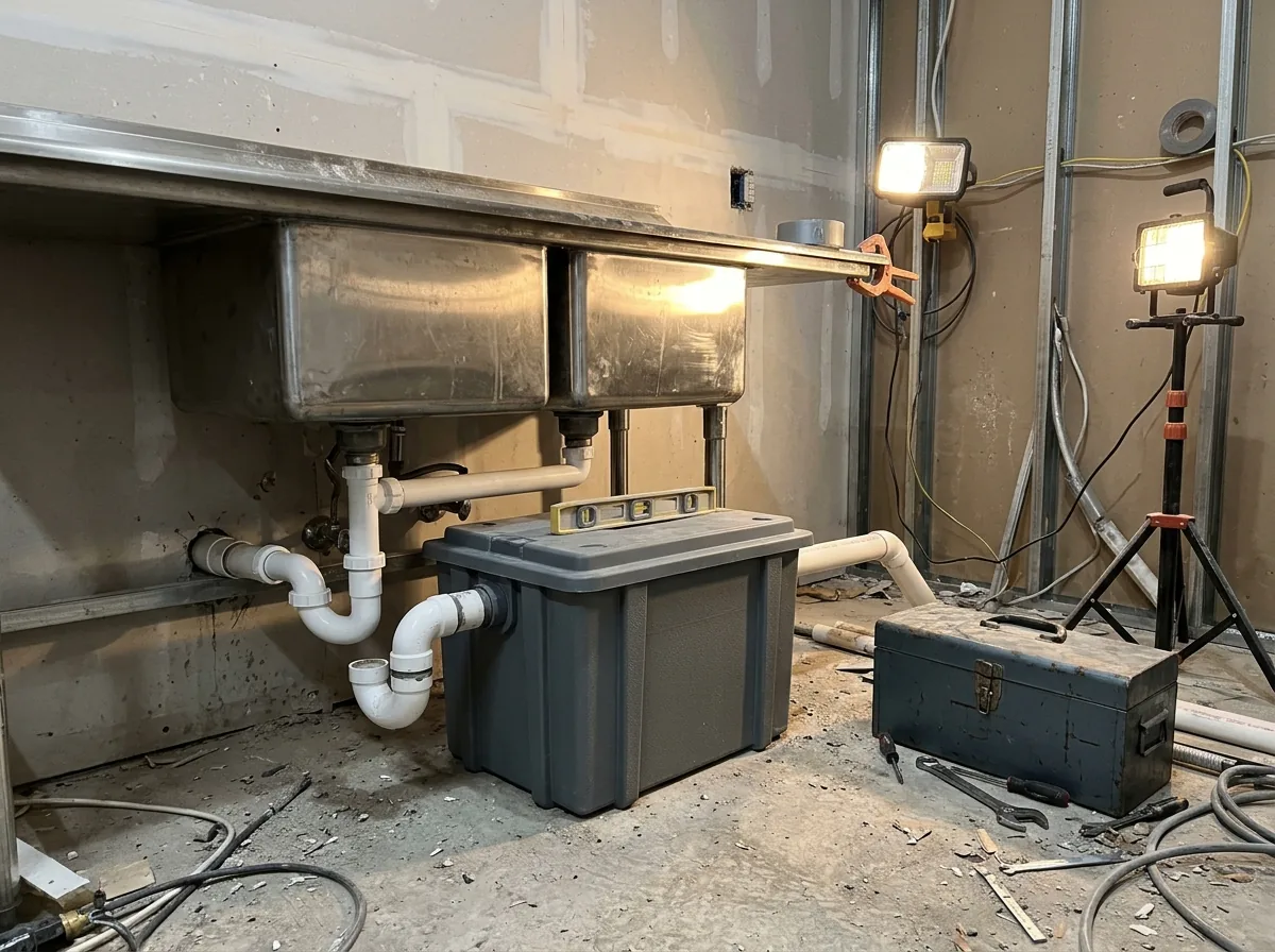 New gray grease trap set in place under a prep sink in a commercial kitchen under construction, fresh plumbing connections and a level resting on the lid