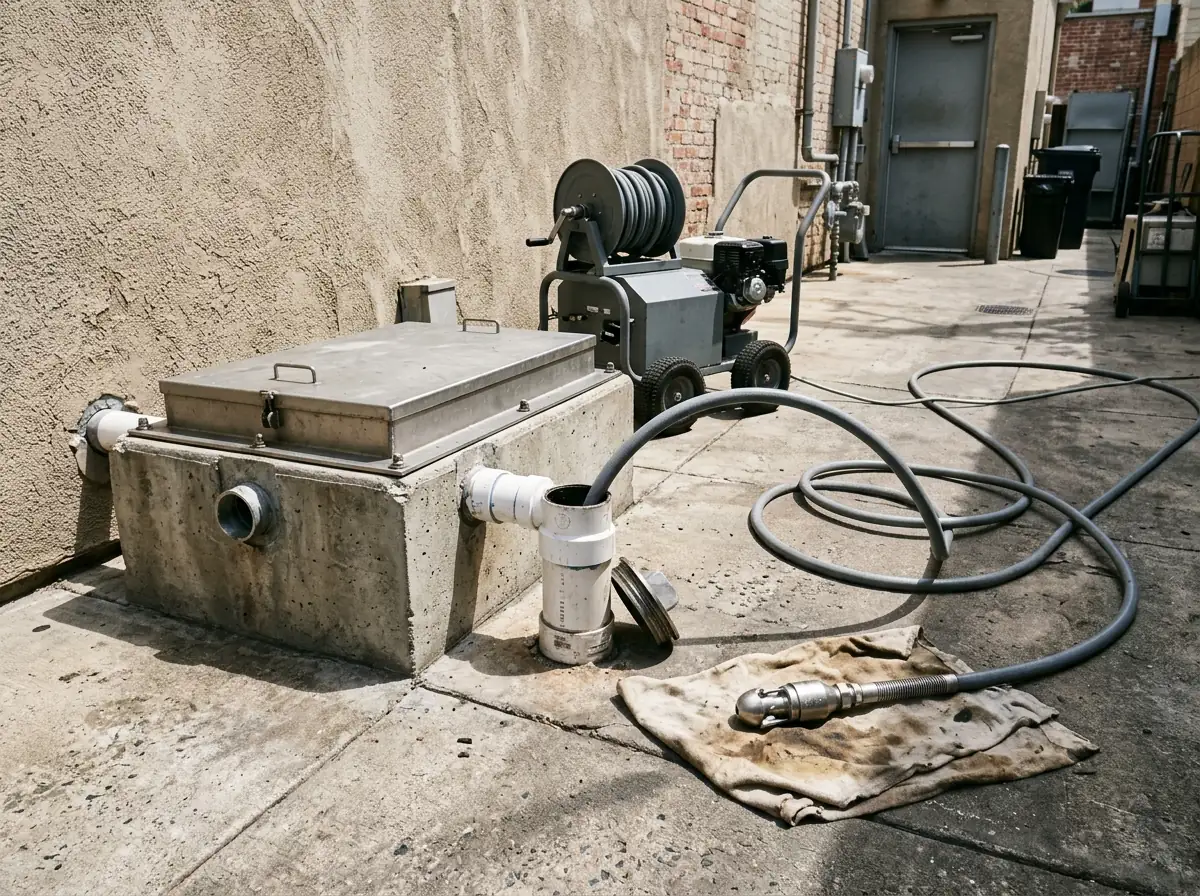 Gray jetter hose fed into a cleanout on the pipe leading out of a grease interceptor in a paved service yard, a rotating nozzle on a rag nearby