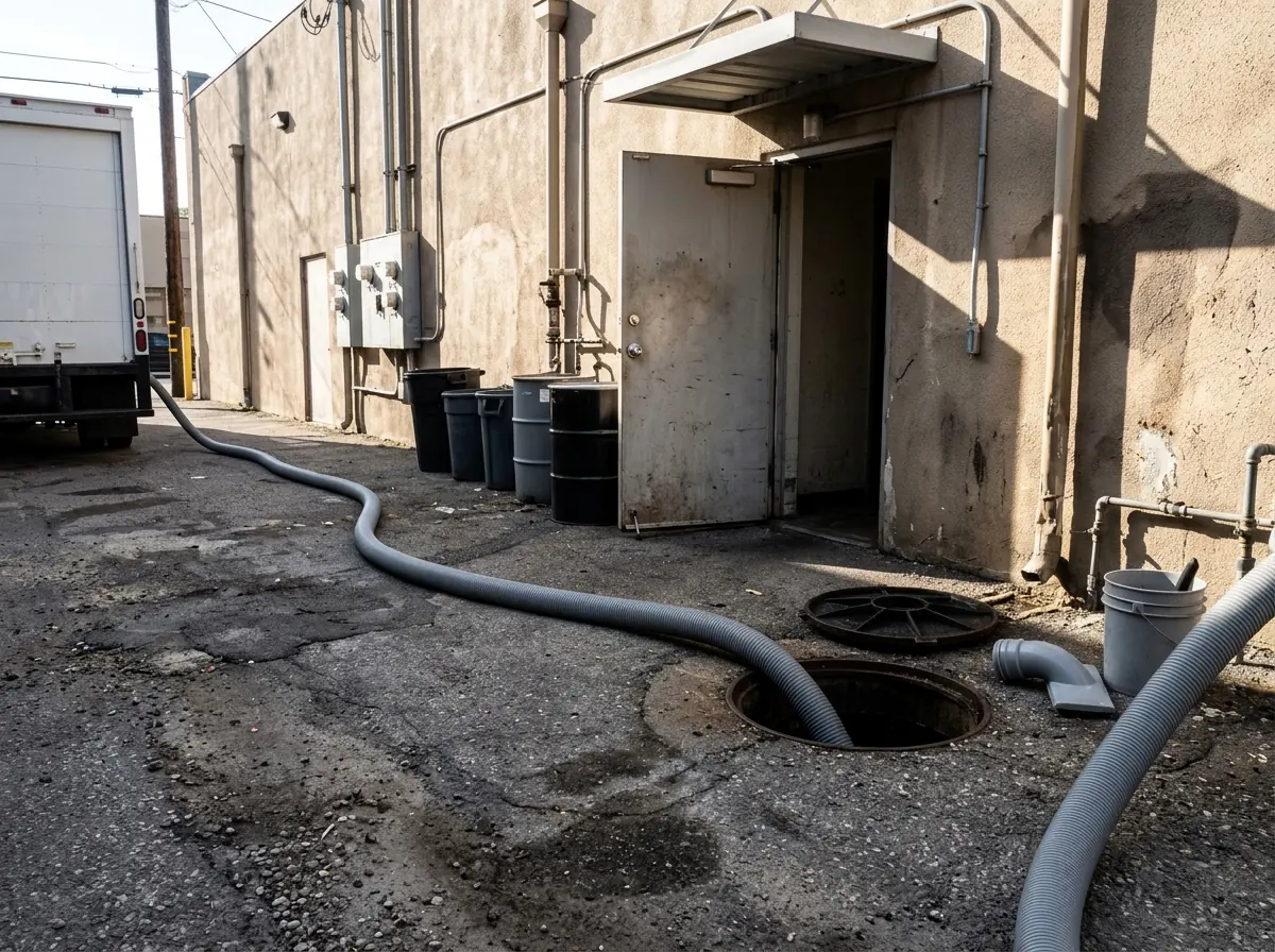 Gray vacuum hose running from an alley across the asphalt into an open grease interceptor manhole behind a commercial kitchen's back door