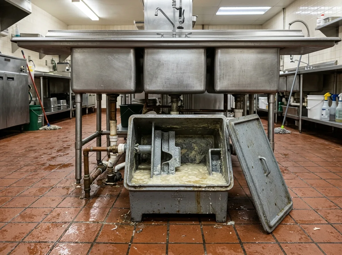 Small gray metal grease trap under a stainless three-compartment sink in a commercial kitchen, its lid lifted off to show the baffles and a layer of grease