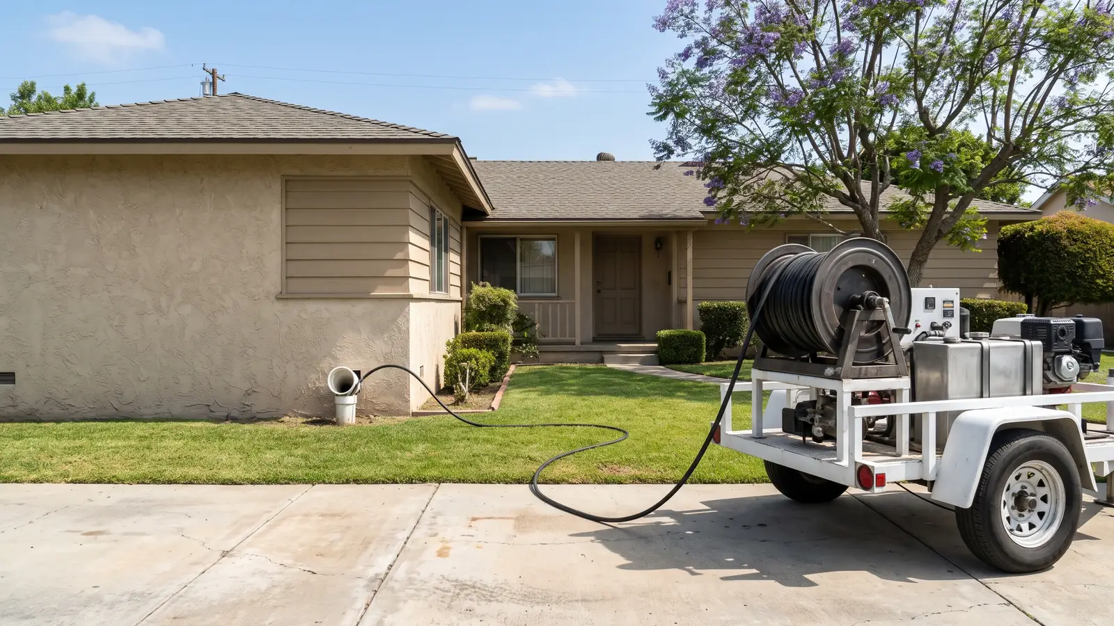 White trailer-mounted hydro jetter on the driveway of a single-story stucco ranch house, its hose running across the lawn to an open sewer cleanout