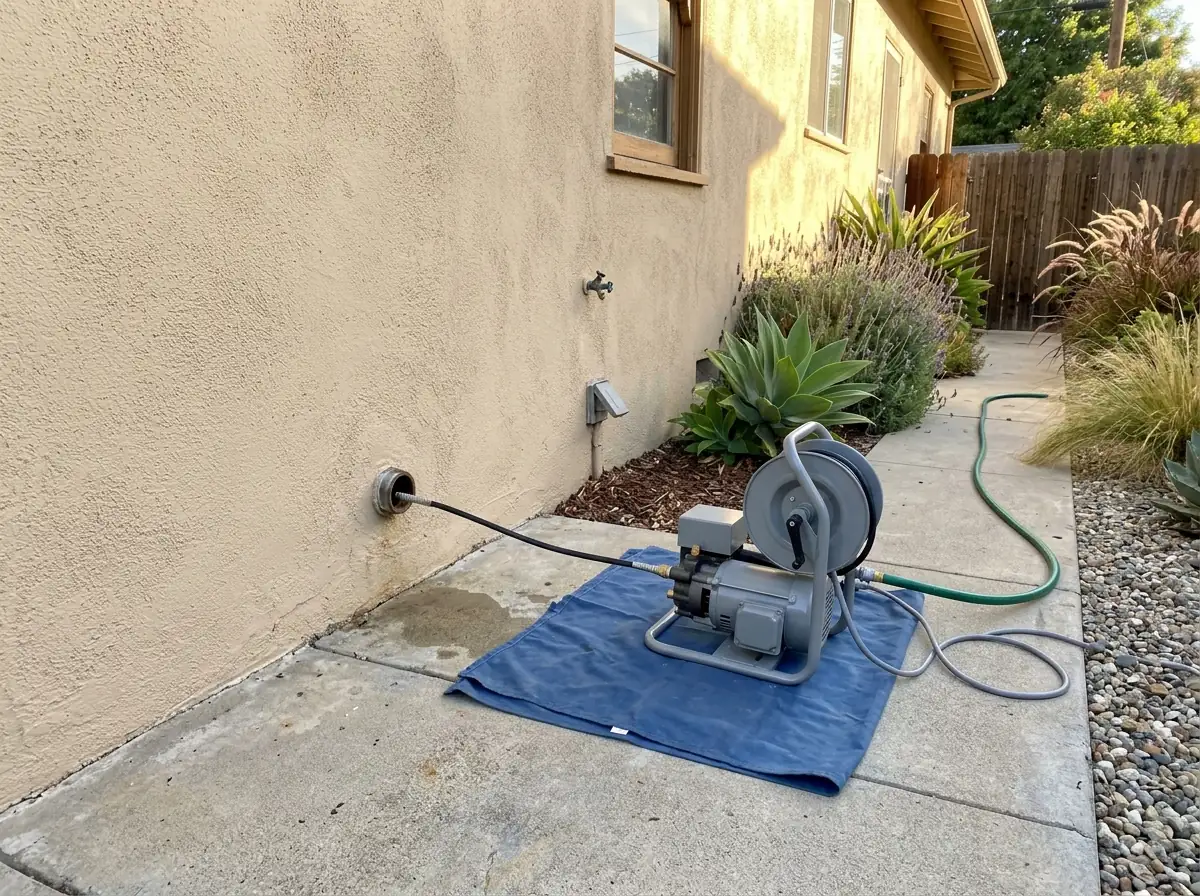Small portable drain jetter on a drop cloth outside a stucco kitchen wall, its thin hose running into an open cleanout fitting