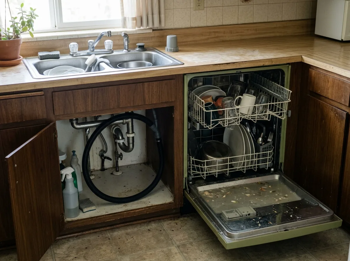 Open dishwasher with dirty standing water in the bottom, the cabinet beside it open to show the drain hose looping up to the sink drain