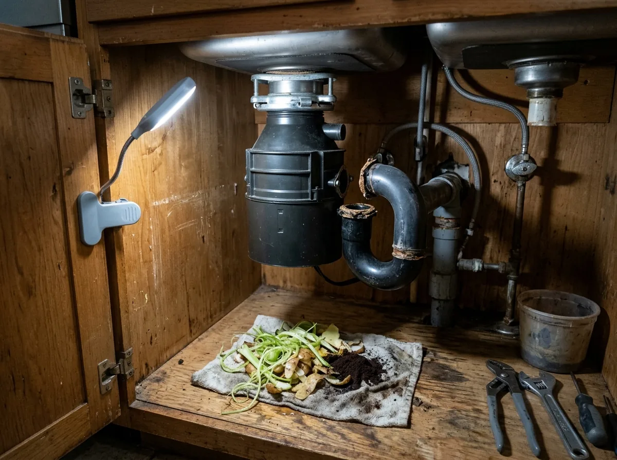 Garbage disposal under a sink with its outlet pipe unbolted, a small heap of celery strings and potato peels on a rag beside it