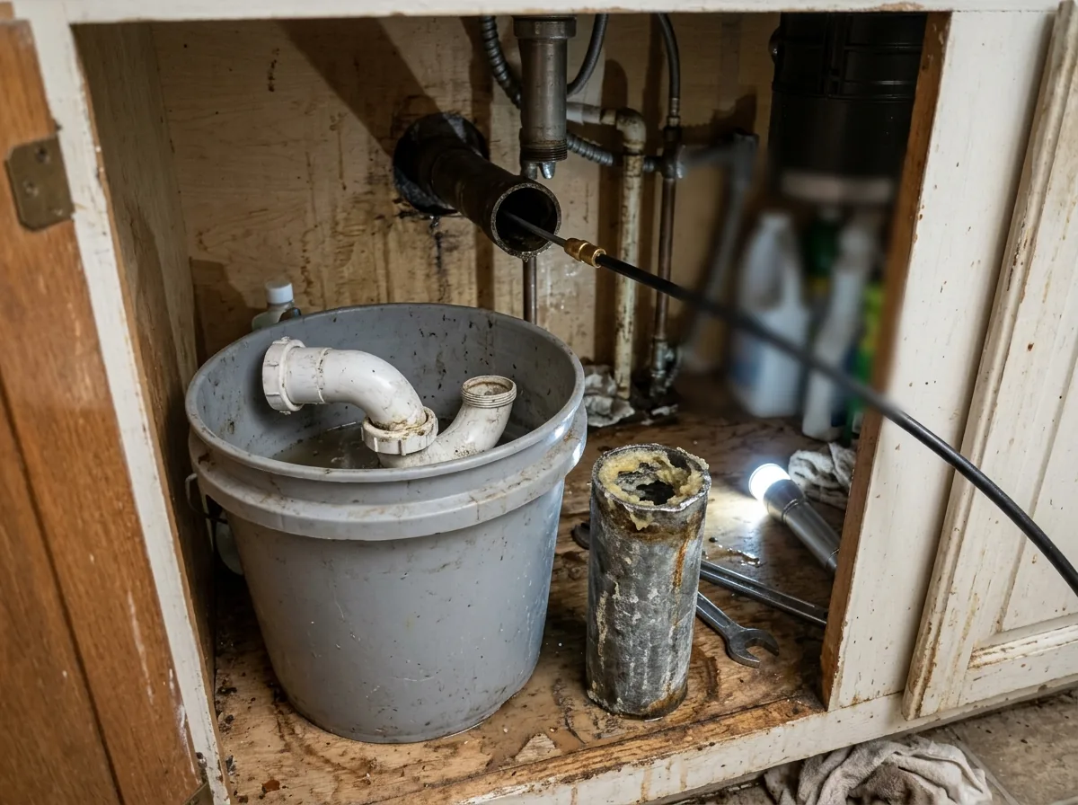 Under an open kitchen sink cabinet, the trap removed into a bucket and a cut length of old drain pipe beside it narrowed by grease buildup