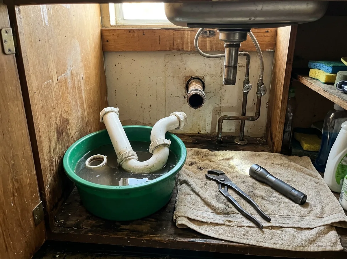 Under an open kitchen sink cabinet, a white plastic trap and drain arm taken apart and resting in a bucket, the wall pipe stub open behind them