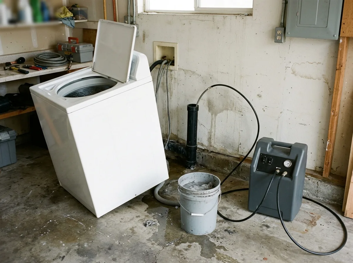 Washing machine pulled from the wall in a garage laundry corner, the drain standpipe exposed with a jetting hose fed into it from a portable jetter