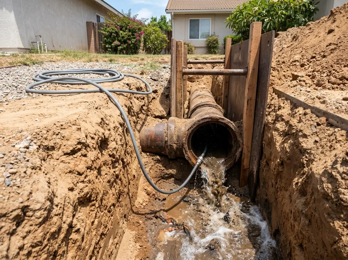 Excavated trench in a front yard showing an old brown clay sewer pipe with a section removed and water flushing sludge out as a jetting hose runs inside