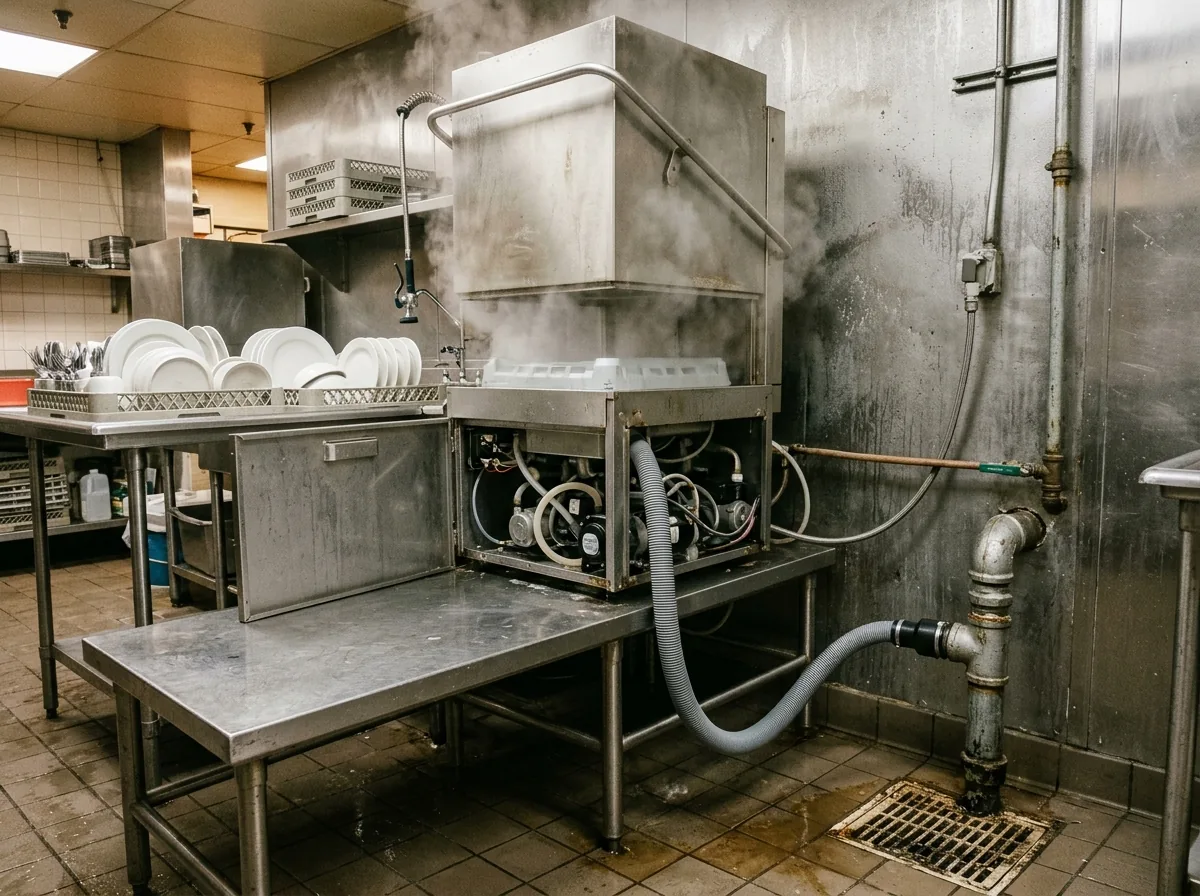 Commercial dish machine on a stainless table with the side panel off, its gray drain hose running to a pipe that joins the kitchen line near a floor drain