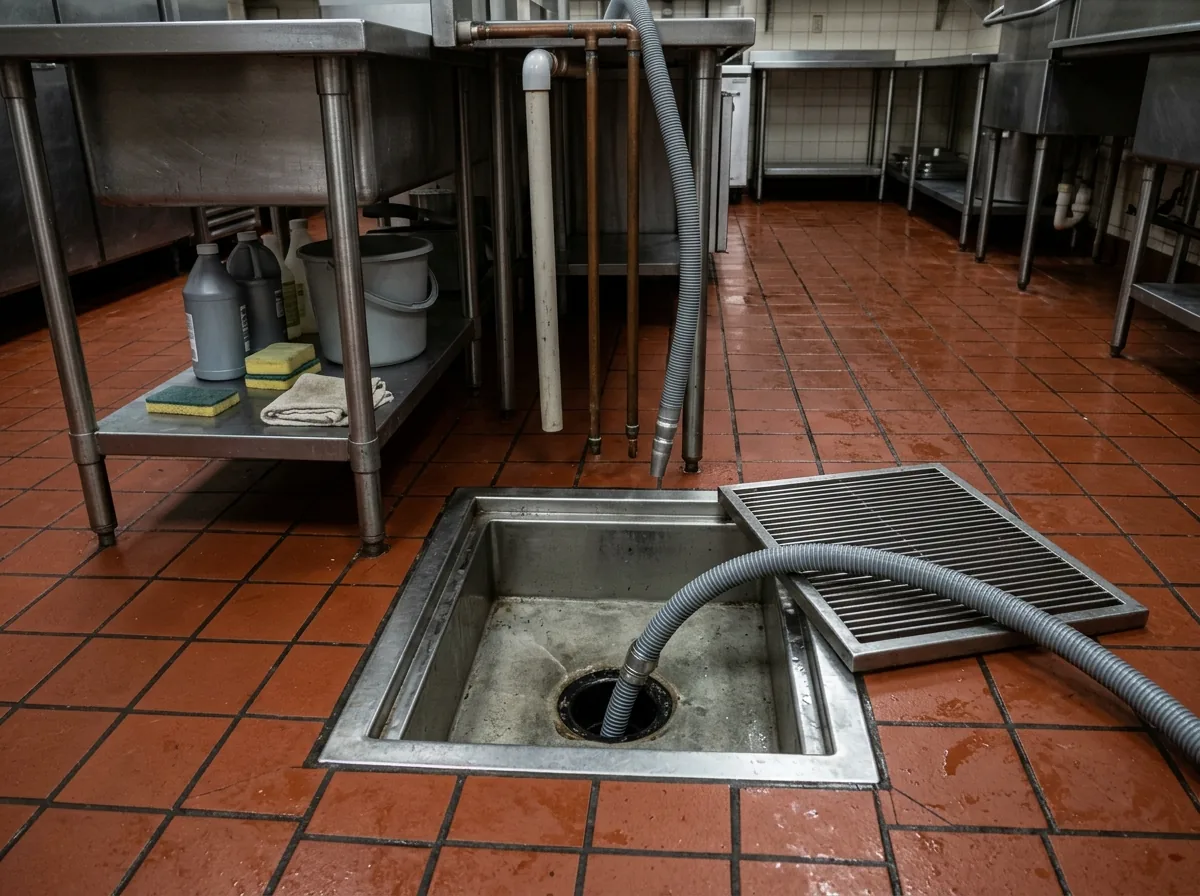 Square stainless floor sink set into a red quarry-tile commercial kitchen floor under a prep table, its grate lifted and indirect drain pipes ending above it