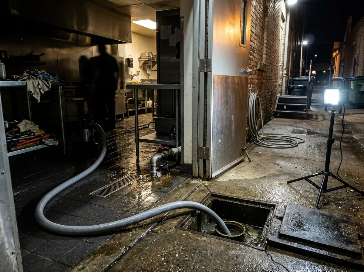 Restaurant back door open at night with a gray jetter hose running across the kitchen floor to an open cleanout near the grease interceptor lid, work lights on stands