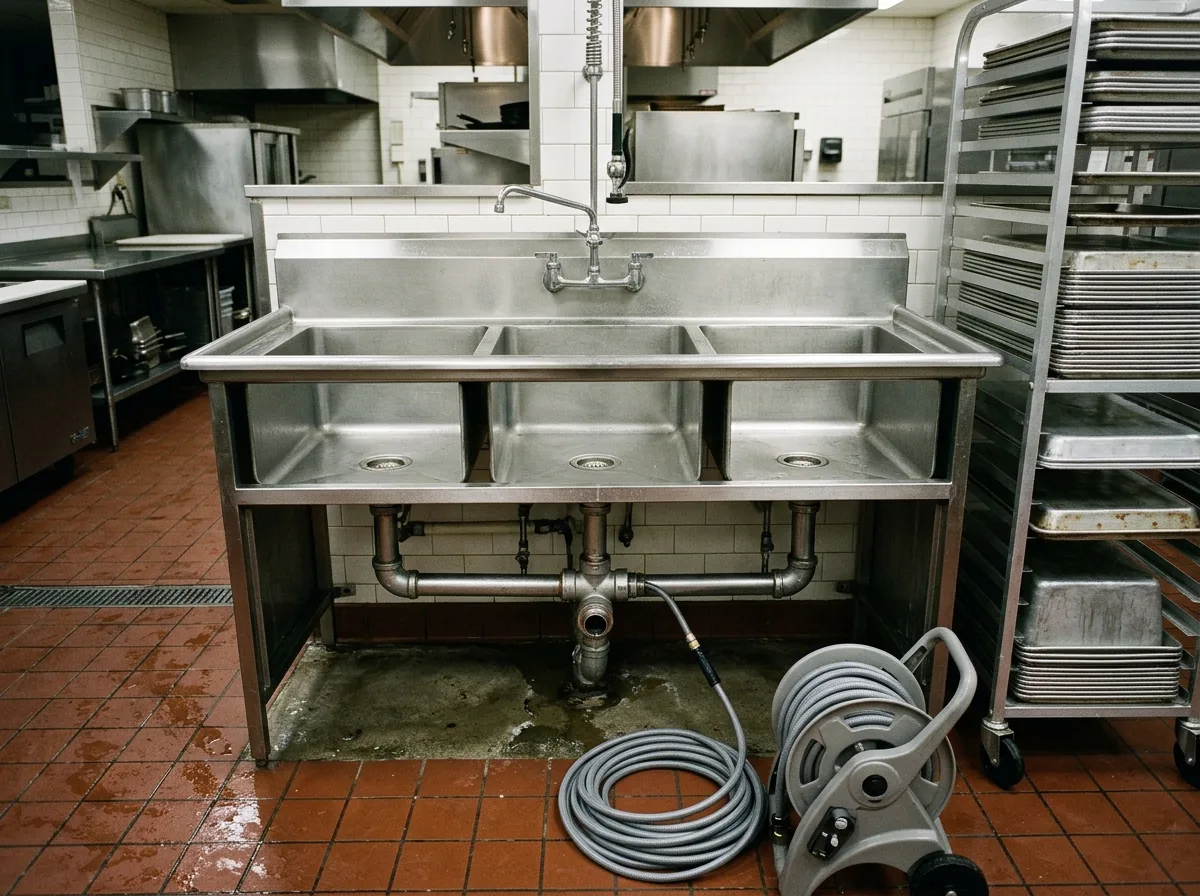 Stainless three-compartment pot sink in a restaurant kitchen with the cabinet panel removed, showing the drain lines joining below and a gray jetter hose fed into a cleanout tee