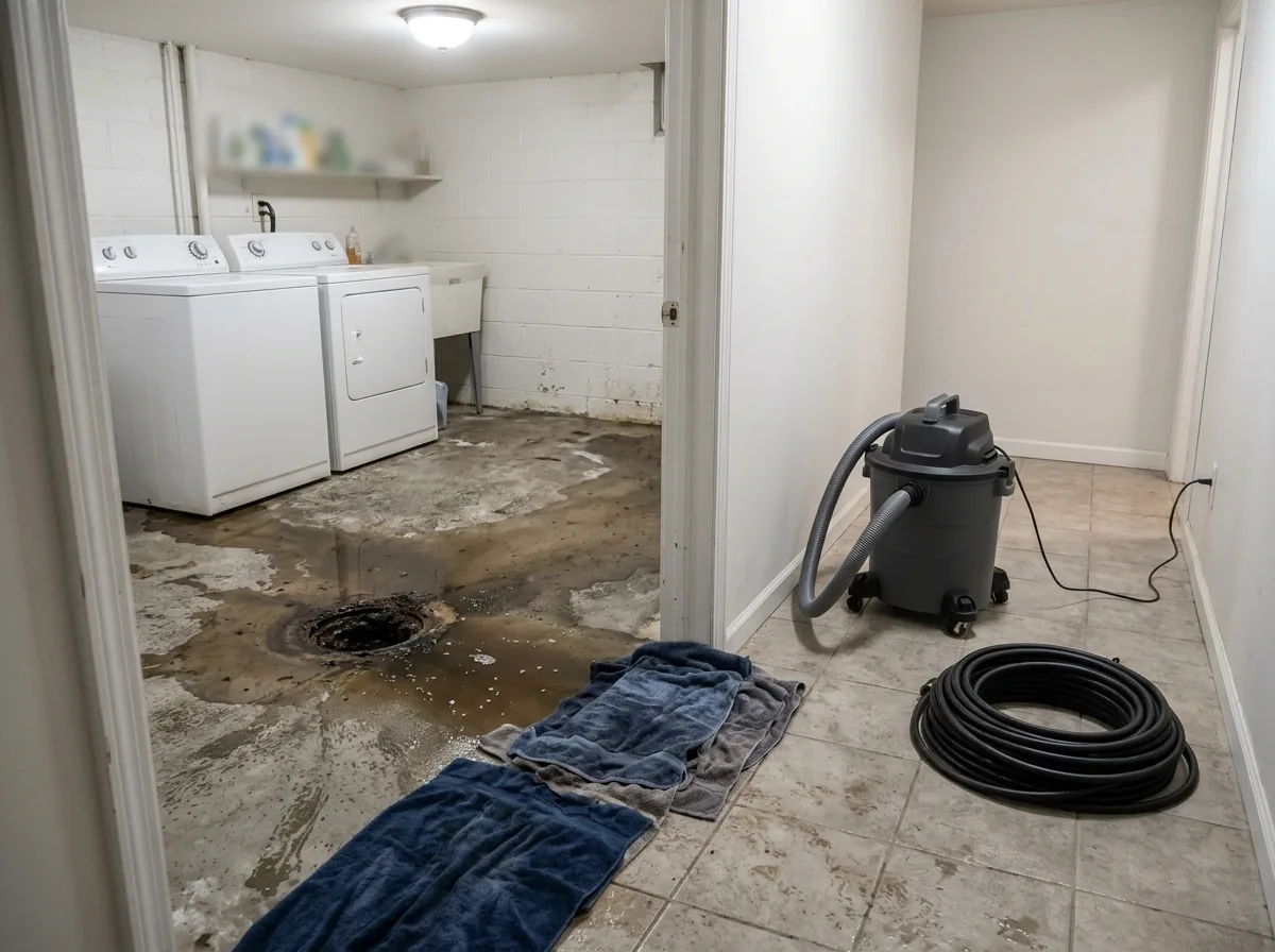 Laundry room floor drain backed up with murky water pooled on the concrete, towels at the doorway and a wet vacuum and jetting hose ready