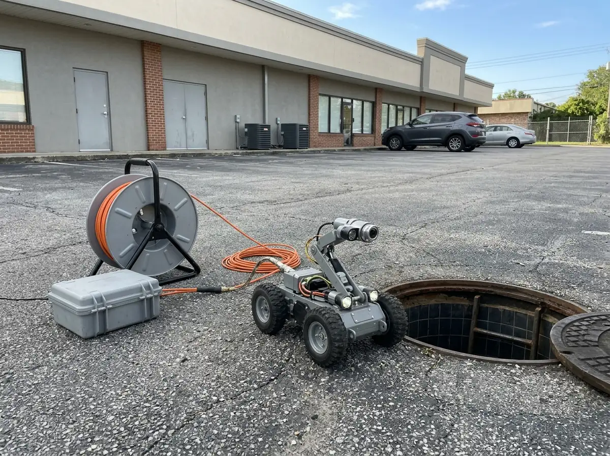 Small gray wheeled robotic inspection crawler sitting at the open manhole of a strip center parking lot, a cable spool and control box beside it