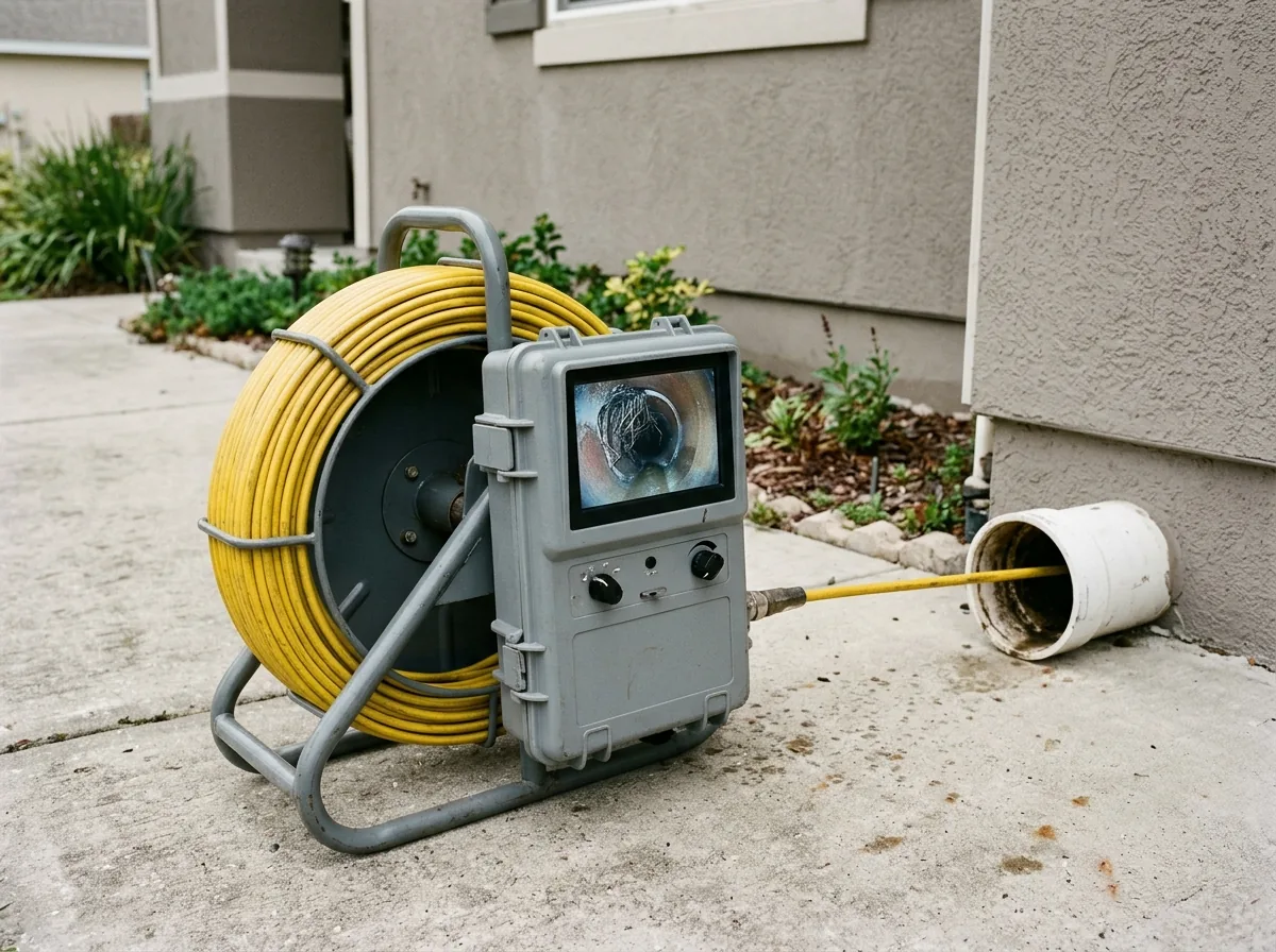 Grey sewer camera reel and monitor on a driveway beside an open cleanout, the screen showing roots at a pipe joint
