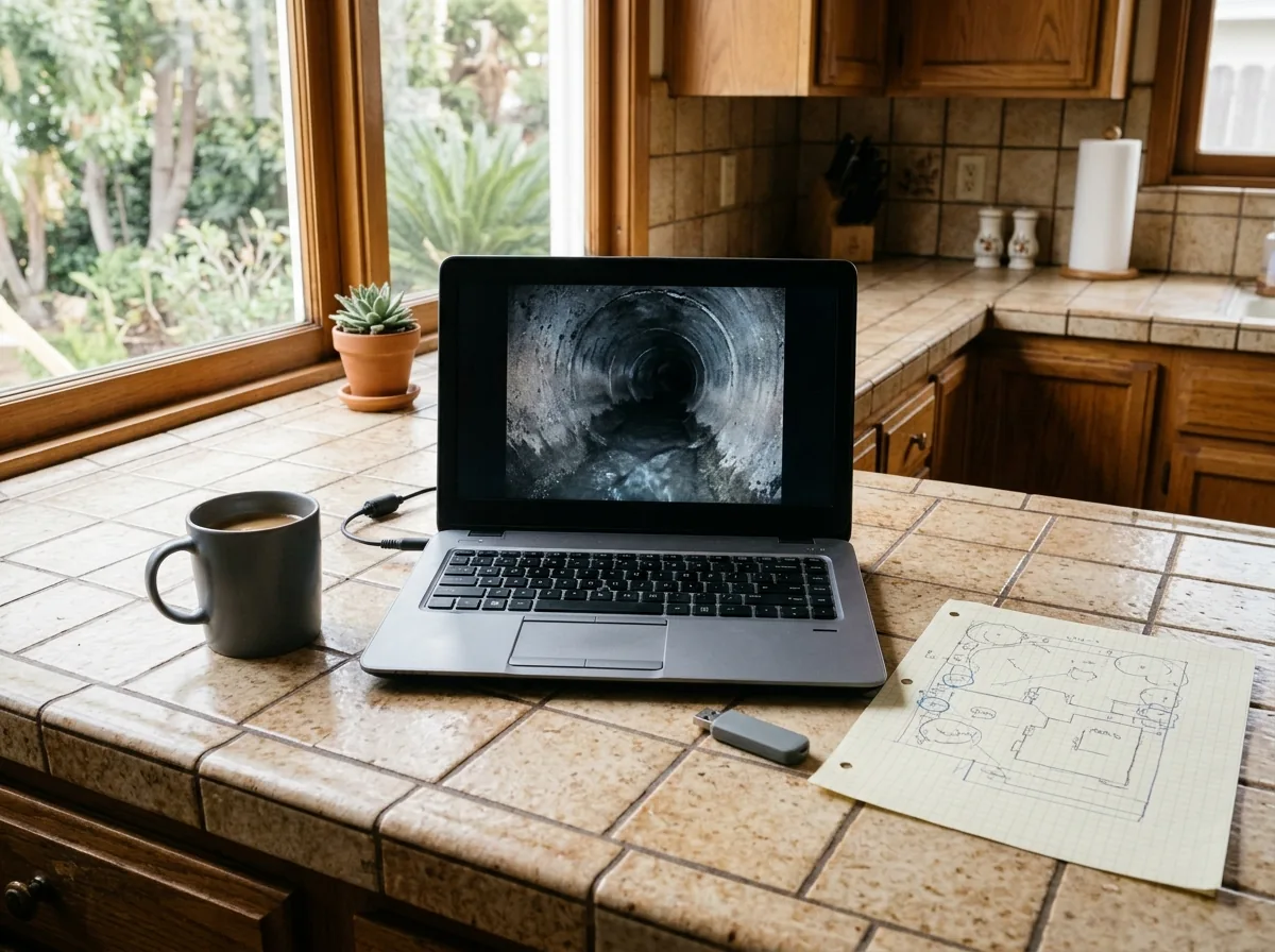 Laptop on a kitchen counter playing sewer pipe inspection video with a distance counter overlay, a USB drive and a printed sketch of the yard beside it