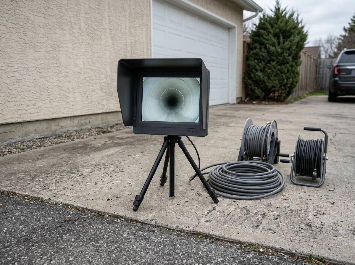 Inspection monitor on a tailgate-height stand showing the clean round interior of a sewer pipe, a coiled jetter hose and camera reel on the driveway behind it