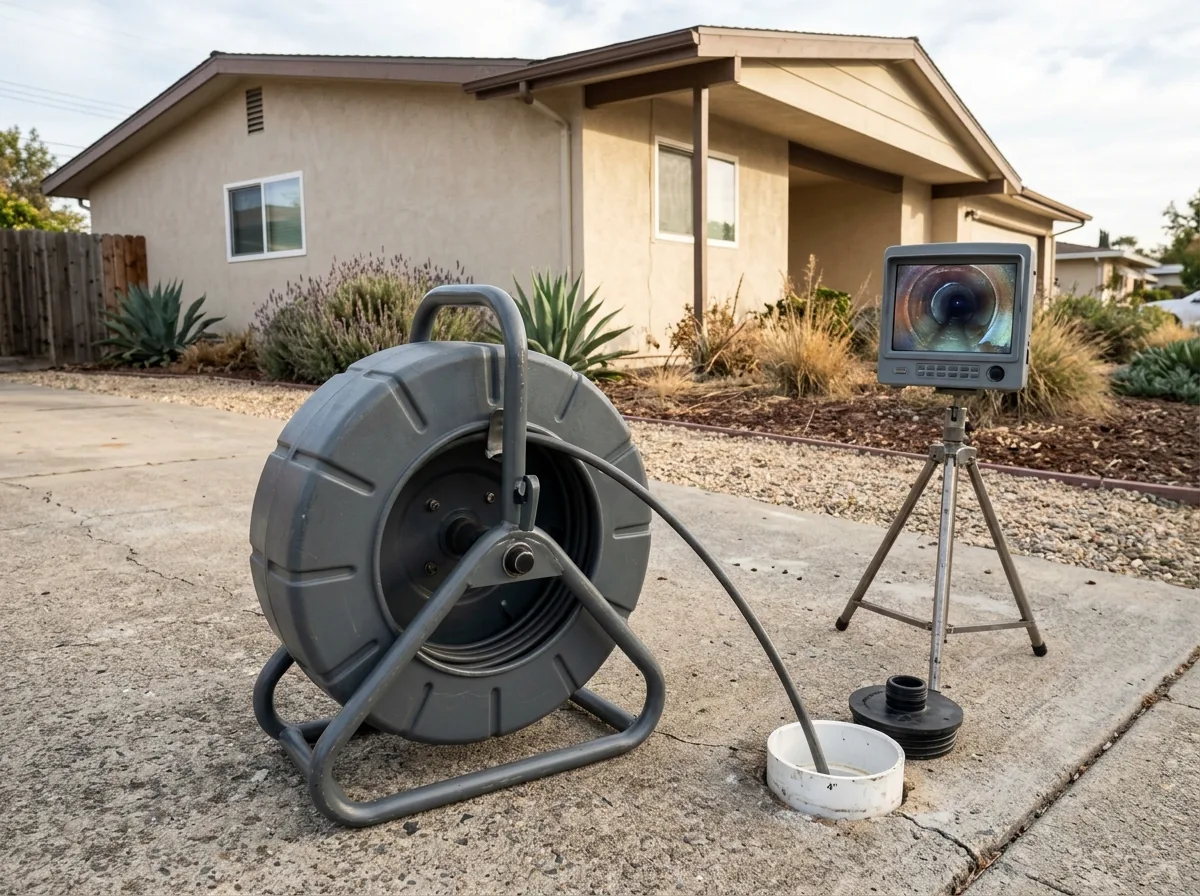 Gray sewer camera reel on a concrete driveway beside an open cleanout, the stiff push cable fed into the pipe and a monitor on a folding stand